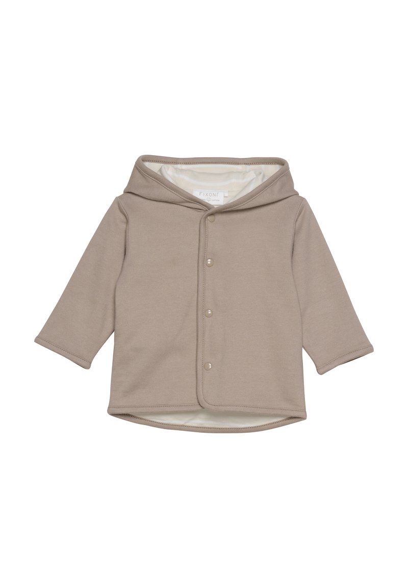 Beige Kapuzenjacke aus weichem Stoff mit Knopfverschluss. Sie hat lange Ärmel und ein leichtes Futter, das Wärme und Komfort bietet.