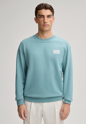 Lichtblauwe sweatshirt van zachte katoen, met een ronde hals, geribbelde manchetten en een klein wit logo op de linkerkant van de borst.