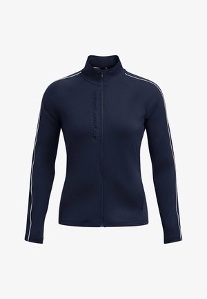 Chubasquero azul marino con cremallera, hecho de un tejido ligero y con un cuello alto. Presenta franjas laterales blancas y un logo en relieve en la parte delantera.