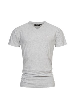 Grå bomulds v-hals t-shirt med kortærmer, der har et diskret logo på brystet og en glat tekstur. Ingen mønstre eller accenter.