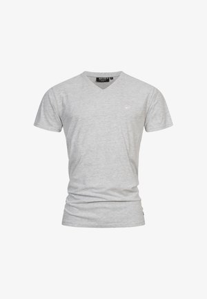 Grå bomulls t-skjorte med v-hals og korte ermer, med en subtil logo på brystet og en jevn tekstur. Ingen mønstre eller detaljer.