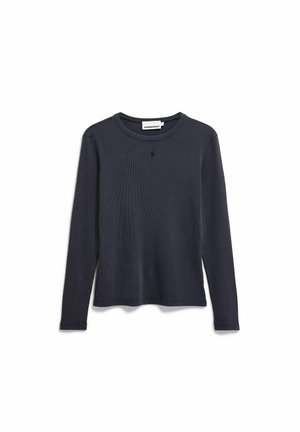 Chemise en coton côtelé à manches longues gris foncé avec col rond et petite étiquette de marque au col sur fond blanc.