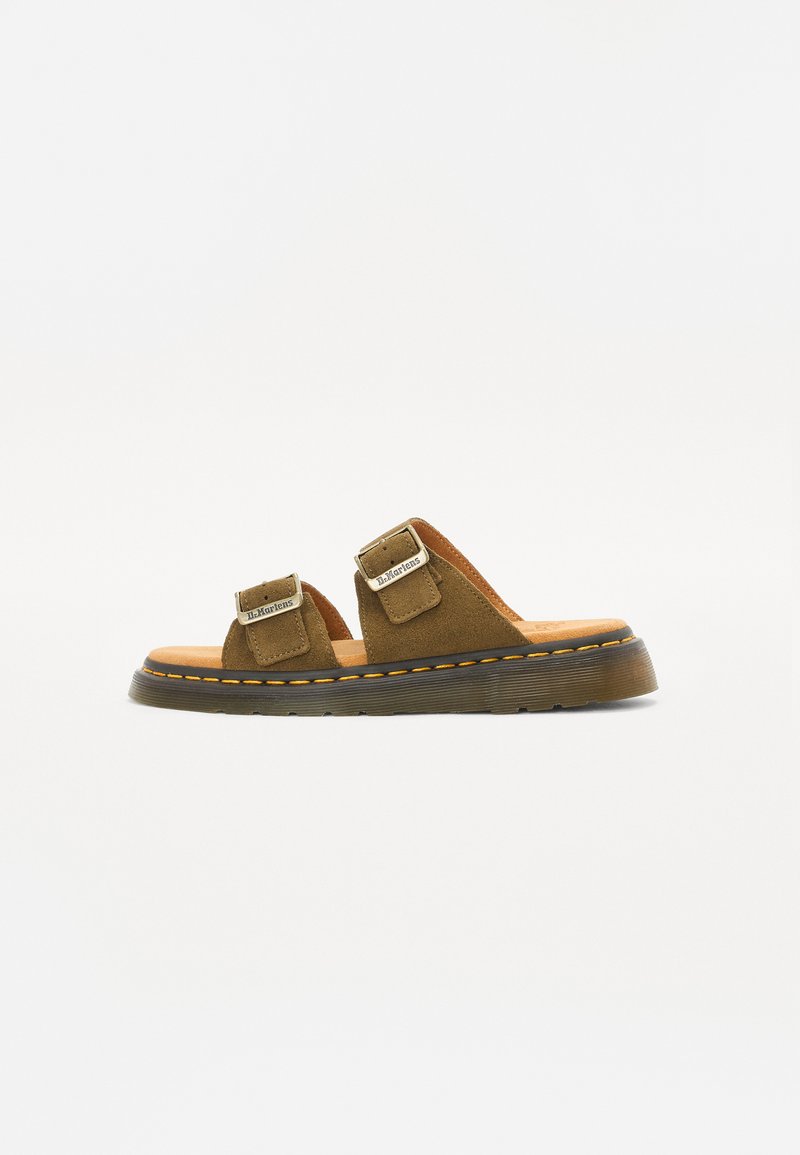 Brown suede sandals with two adjustable straps, rubber sole, and contrasting yellow stitching along the edge. Flat design, open-toe style.