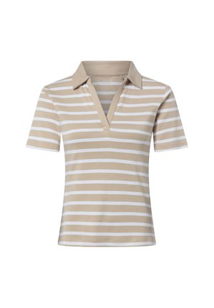 Beżowo-biała poziomo prążkowana koszulka polo z krótkim rękawem, dekoltem w serek i klasycznym kołnierzem.