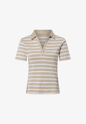Beżowo-biała poziomo prążkowana koszulka polo z krótkim rękawem, dekoltem w serek i klasycznym kołnierzem.
