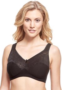 Black bra with lace detailing on the cups, adjustable straps, and a bow accent at the center. Smooth fabric and structured shape.