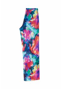 Färgglada tie-dye leggings med ljusa rosa, blå, gröna och gula mönster, tillverkade av mjukt, stretchigt tyg med elastisk midja.
