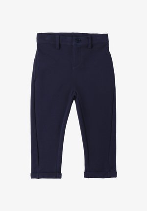 Pantaloni slim-fit blu navy realizzati in tessuto testurizzato, con chiusura a un bottone, tasche laterali e orli arrotolati.