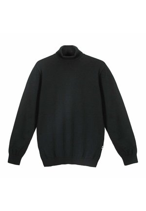 Pull noir à col roulé à manches longues avec poignets et ourlet côtelés, présenté sur fond blanc.