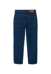 Jeans in denim blu scuro con taglio dritto, dotati di due tasche posteriori e cuciture a contrasto. Etichetta in pelle sulla vita.