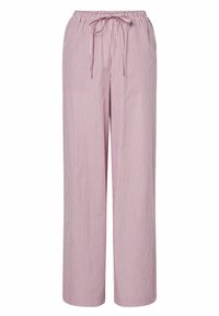 Lichte, ademende roze en witte gestreepte pyjamabroek met een elastische tailleband en trekkoord, met een ontspannen, wijde pasvorm.