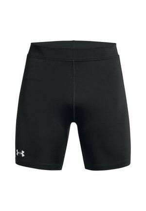 Black athletic shorts made of stretchy material, featuring a fitted design, flat seams, and a small white logo on the lower left side.