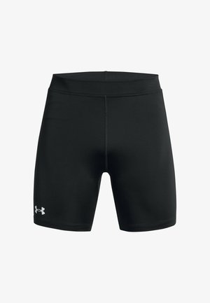 Black athletic shorts made of stretchy material, featuring a fitted design, flat seams, and a small white logo on the lower left side.