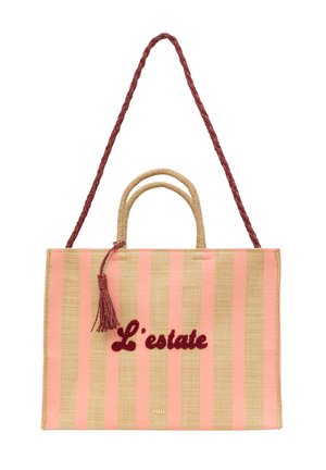 Straw tote bag featuring pink and beige stripes, embroidered "L’estate," a maroon tassel, and dual handles for carrying.