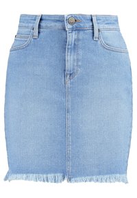 Denim skirt in light blue, featuring a fitted design, frayed hem, and a button closure with subtle stitching details.