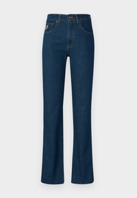 Dark blue denim jeans with a straight leg design, featuring a button closure, contrast stitching, and a front pocket with a small logo patch.