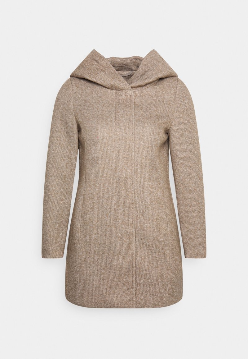 Manteau en laine beige à capuche, manches longues, coupe droite et fermeture avant cachée, présenté sur un fond clair uni.