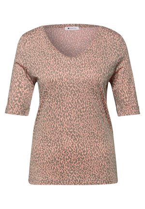 Women's V-neck shirt with pink and gray leopard print, featuring elbow-length sleeves with folded cuffs.