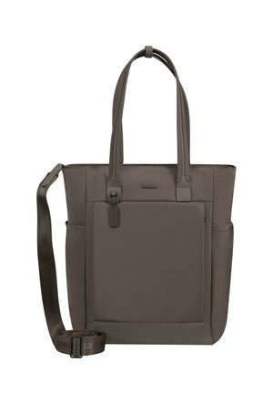 Brown rectangular tote bag with two handles, a front pocket, side pockets, and an adjustable shoulder strap attached to one side.