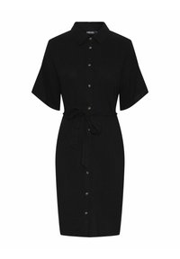 Abito nero a bottoni con colletto, maniche corte, vita con cintura e bottoni metallici lungo la parte anteriore. Texture liscia, design lungo fino al ginocchio.