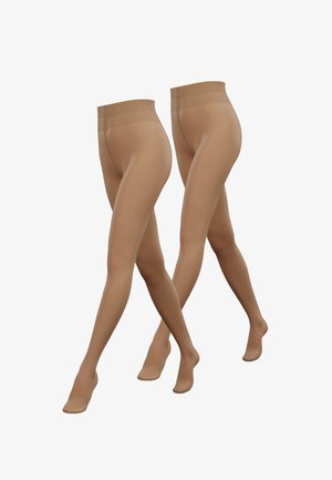 Beige Strumpfhosen mit einer glatten, transparenten Textur; bis zur Mitte des Oberschenkels; elastischer Bund; zwei Paare, die die Beinformen zeigen.