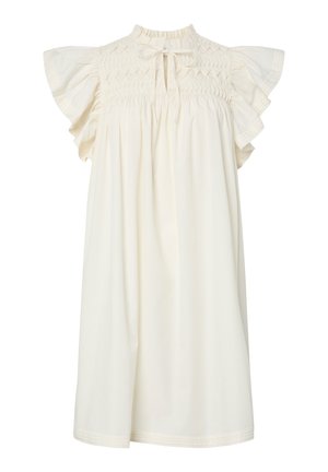 Cremefarbenes ärmelloses Kleid mit gerafftem Oberteil, Rüschenärmelchen und kleinem Schlüssellochausschnitt vorne am hohen Ausschnitt.