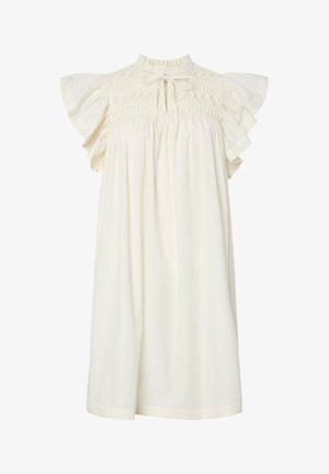Cremefarbenes ärmelloses Kleid mit gerafftem Oberteil, Rüschenärmelchen und kleinem Schlüssellochausschnitt vorne am hohen Ausschnitt.