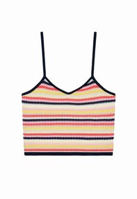 Stripet crop topp med v-hals-design, med sikksakk-mønster i rosa, gul og marineblått på et strikket stoff. Justerbare stropper inkludert.