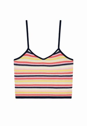 Stripet crop topp med v-hals-design, med sikksakk-mønster i rosa, gul og marineblått på et strikket stoff. Justerbare stropper inkludert.