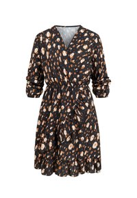 Sort omslagskjole med brune og beige abstrakte pletter, lange ærmer, elastisk talje, flæsekant og lagde detaljer i nederdelen.