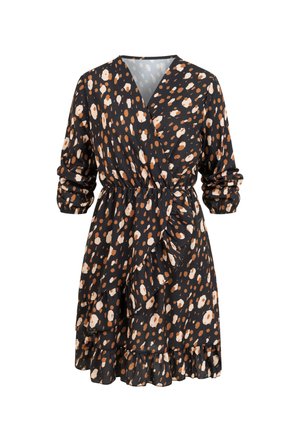 Zwarte wikkeljurk met bruine en beige abstracte vlekken, lange mouwen, elastische taille, gerimpelde zoom en gelaagde rokdetails.