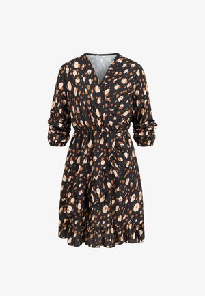 Zwarte wikkeljurk met bruine en beige abstracte vlekken, lange mouwen, elastische taille, gerimpelde zoom en gelaagde rokdetails.