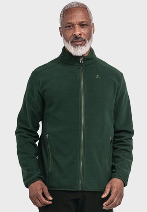 Dark green fleece jacket with a high collar, zippered front, and two side pockets. Soft texture with subtle branding on the chest.