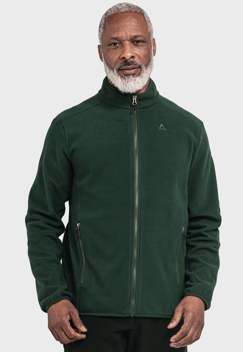 Dunkelgrüne Fleecejacke mit hohem Kragen, Reißverschluss vorne und zwei Seitentaschen. Weiche Textur mit dezentem Logo auf der Brust.