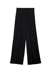 Zwarte wijde broek gemaakt van zachte stof, met een hoge taille en twee voorplooien voor een gestructureerde look. Geen patronen of versieringen.
