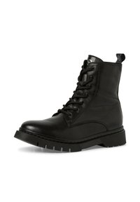 Black leather ankle boots with a rounded toe, lace-up front, and rugged rubber sole. Features a loop tag and stitching details.