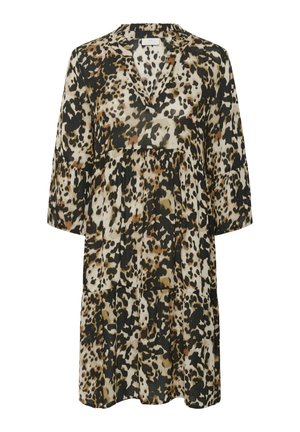 Abito con stampa leopardata caratterizzato da scollatura a V, maniche a tre quarti e un design a strati con una vestibilità ampia. Realizzato in tessuto leggero.