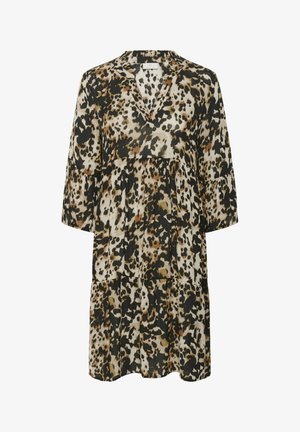 Abito con stampa leopardata caratterizzato da scollatura a V, maniche a tre quarti e un design a strati con una vestibilità ampia. Realizzato in tessuto leggero.