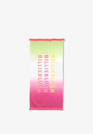 Serviette de plage avec un dégradé du vert au rose, bordée de franges et ornée du texte répété "BILLIEBLUSH" en jaune et rose.