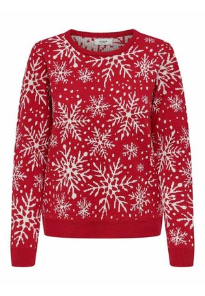 Pull en maille rouge avec motifs de flocons de neige blancs, manches longues, poignets et bas côtelés.