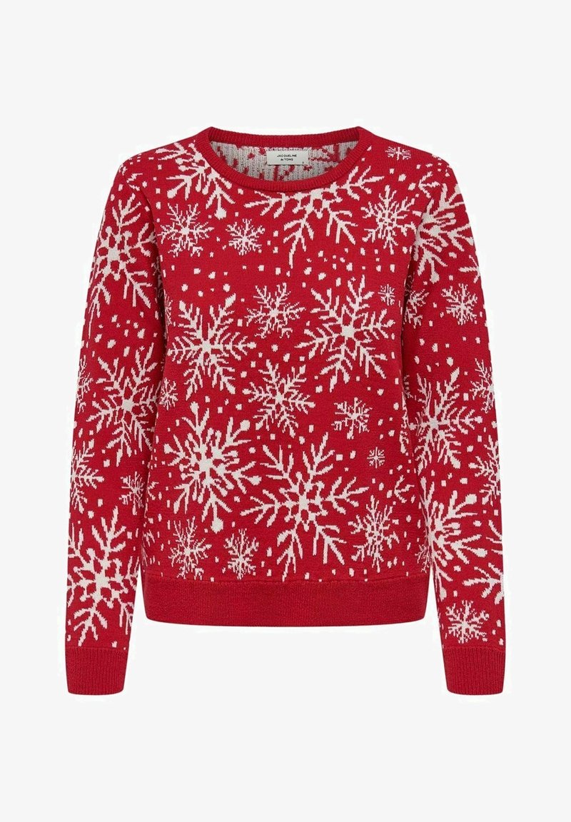 Pull en maille rouge avec motifs de flocons de neige blancs, manches longues, poignets et bas côtelés.