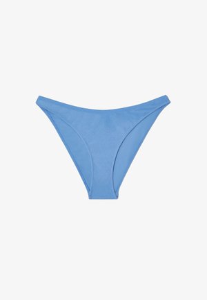 Blaue Bikini-Unterteile aus glattem Stoff, mit einem tiefen Schnitt und minimaler Bedeckung sowie sauberen Kanten.