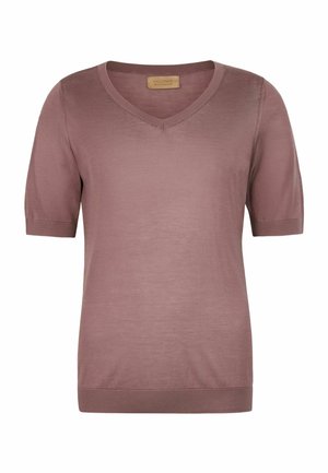 Fioletowy, krótkorękawowy sweterek z dekoltem w serek, z prążkowanymi mankietami i obszyciem, z metką marki Falconeri wewnątrz dekoltu.