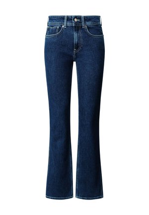 Tumši zili džinsa bikses ar uzplešanos, vidēja augstuma jostasvietu, priekšējām kabatām un sudraba metāla detaļām; gluda tekstūra un klasiskā griezuma.