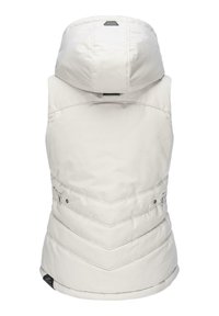 Gilet bianco isolante con cappuccio, caratterizzato da cuciture a zigzag, chiusure a scatto ai lati e un design snello. Texture liscia, pratico.