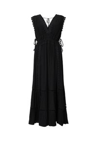 Abito maxi nero realizzato in tessuto leggero, con scollatura a V, bordo in pizzo, maniche a volant e lacci laterali regolabili.