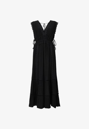 Czarna maxi sukienka z lekkiego materiału, z dekoltem w kształcie litery V, koronkowymi wykończeniami, falbaniastymi rękawami i regulowanymi wiązaniami po bokach.