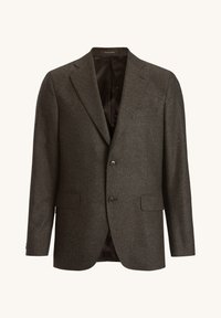 Grau Wolle Blazer mit Reverskragen, zwei vorderen Knöpfen und zwei seitlichen Taschen. Glattes Innenfutter und klassisch taillierte Passform.