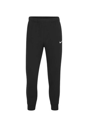 Pantaloni della tuta neri Nike con vita e polsini elastici, con un piccolo logo Nike swoosh bianco sulla parte superiore della coscia sinistra.