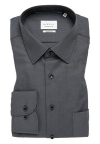 Grau gewebtes Hemd mit einem subtilen geometrischen Muster, bequemer Passform, Button-down-Kragen und zwei Knopfmanschetten-Details.